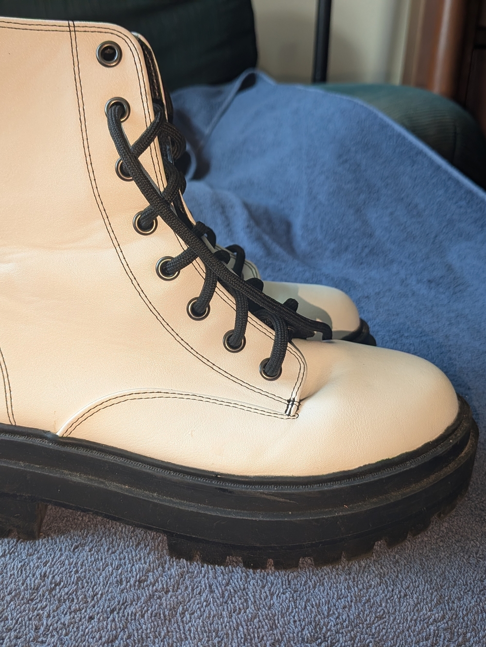White Lace-Up Combat Boots with Black Lug Sole